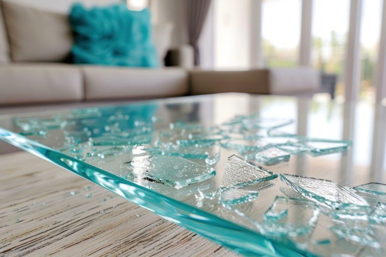 Shattered glass pieces on a reflective surface with a blurred hotel room in the background.